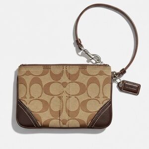 Coach Signature Leather Canvas Mini Wristlet Brown and Tan Khaki Vintage